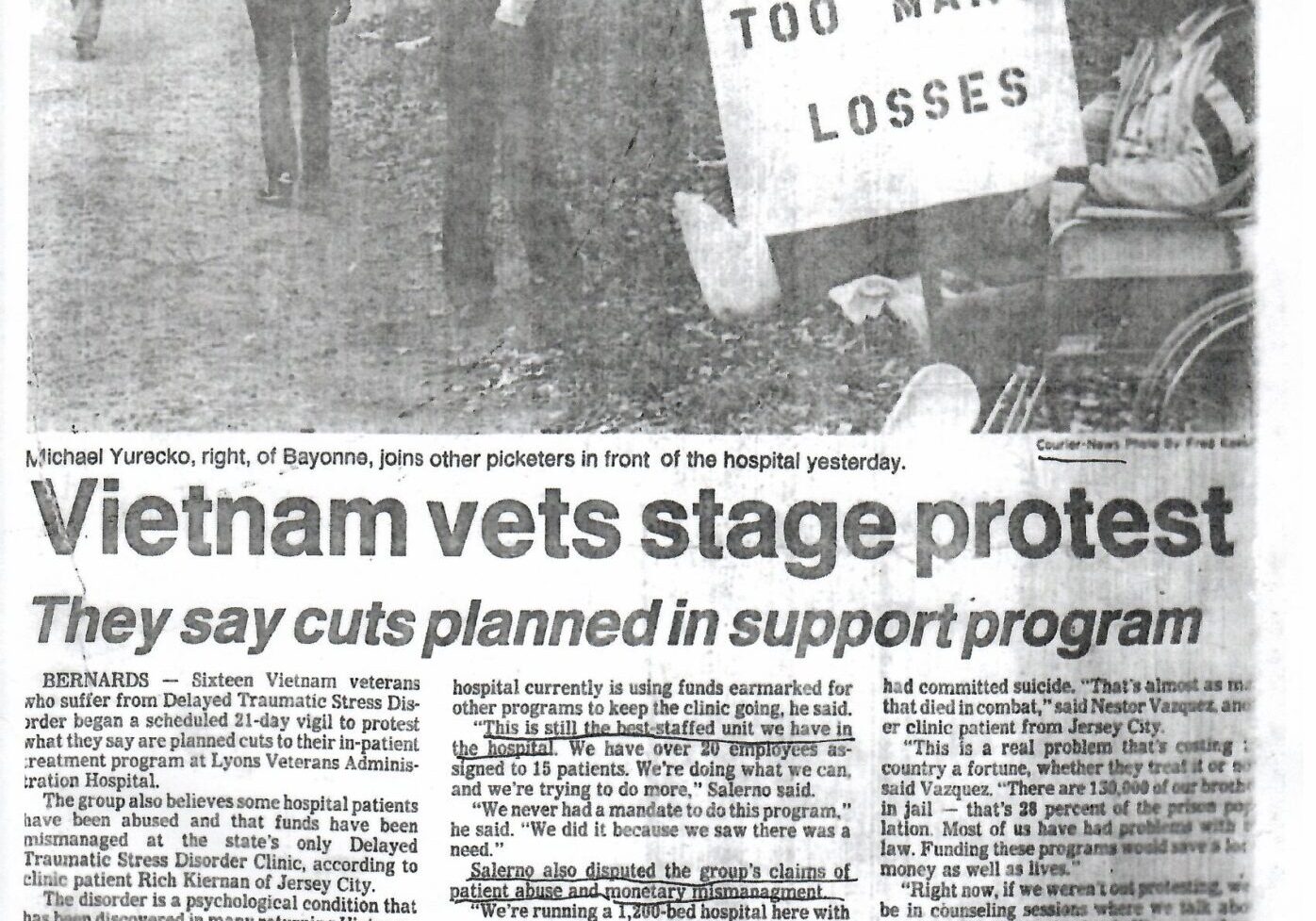 Newspaper article about Vietnam vets protest.